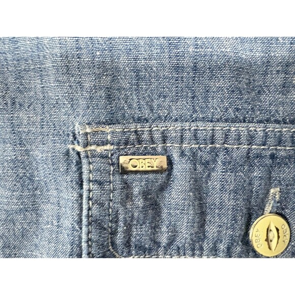 Obey Mens Blue Denim Cotton Long Sleeve Collared Button Shirt Pockets Sz XL - Picture 5 of 12